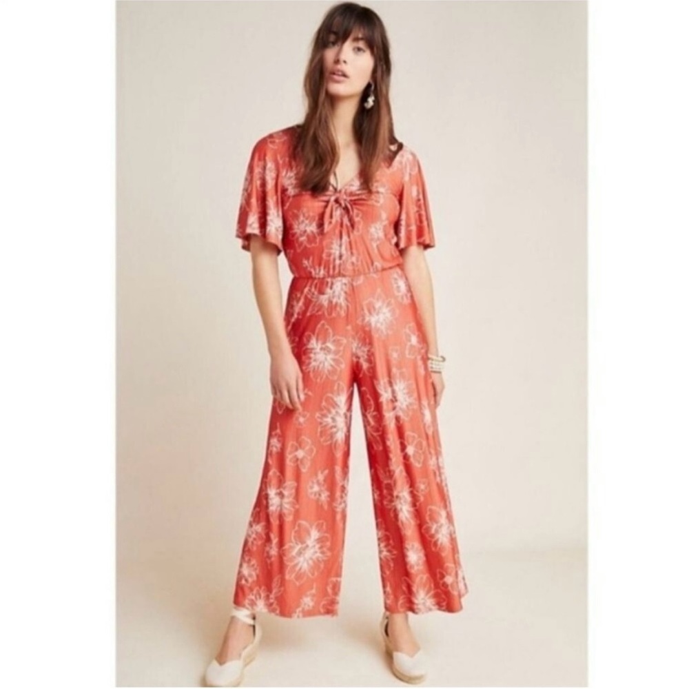 Farm Rio for Anthropologie Jacobella Red & Off
White Floral Jumpsuit Size M